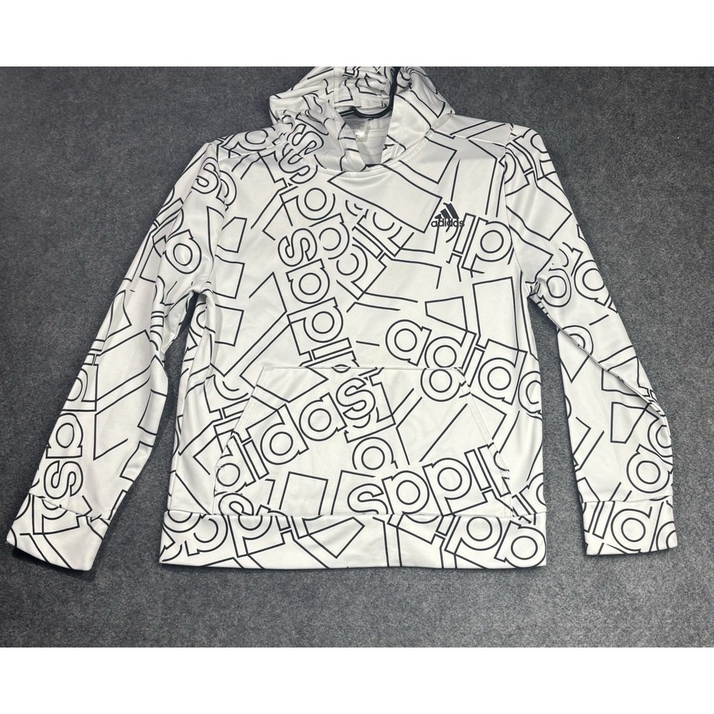 Adidas Youth Hoodie M 10/12 White Black Logo Print Pullover Sweatshirt